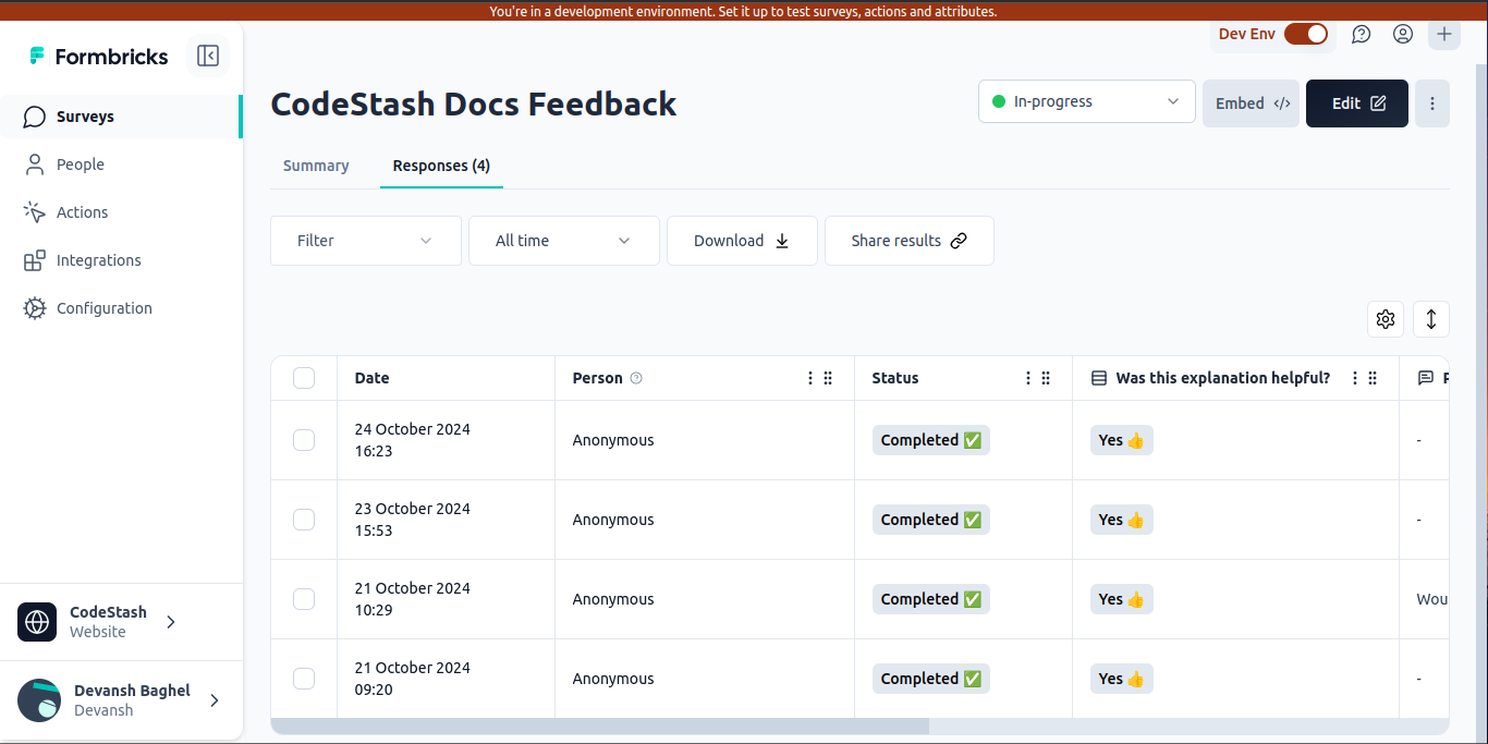 Formbricks dashboard showing survey results