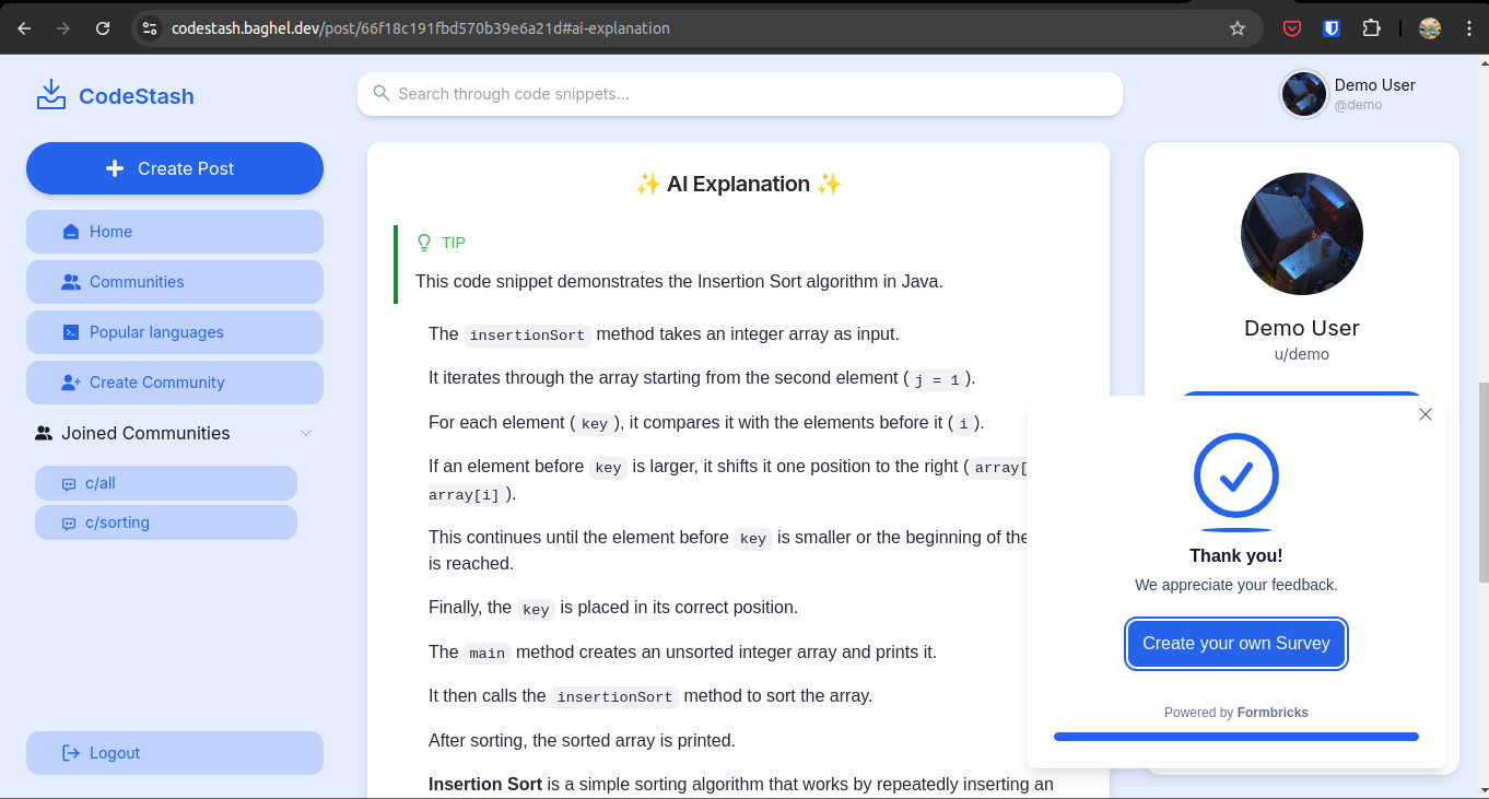 Screenshot of Formbricks integrated in CodeStash