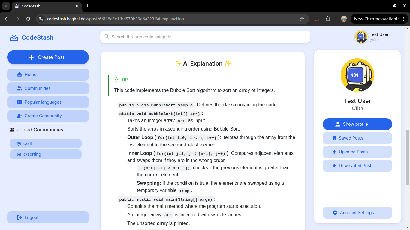 AI explanation of the post on CodeStash about bubble sort in java