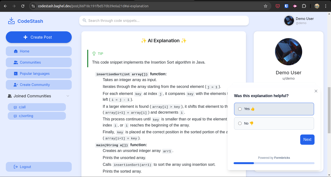 Screenshot of Formbricks integrated in CodeStash